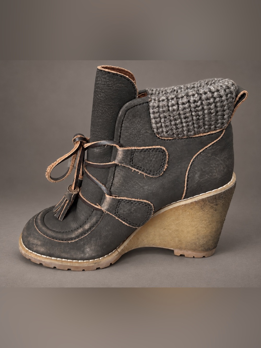 See By Chloe Black Wedge Ankle Boot with Knit Cuff